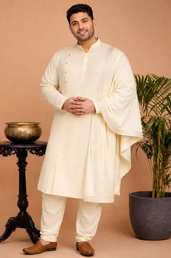 Men cream viscose solid dupatta with mirror work border