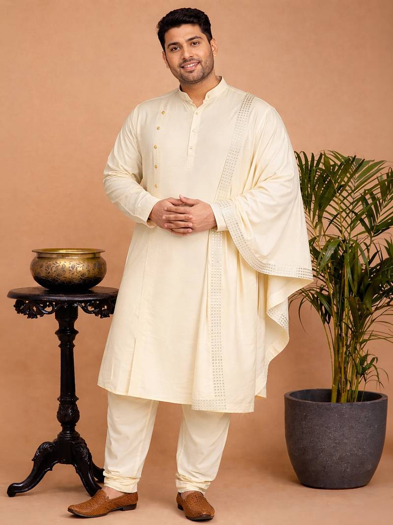 Men cream viscose solid dupatta with mirror work border