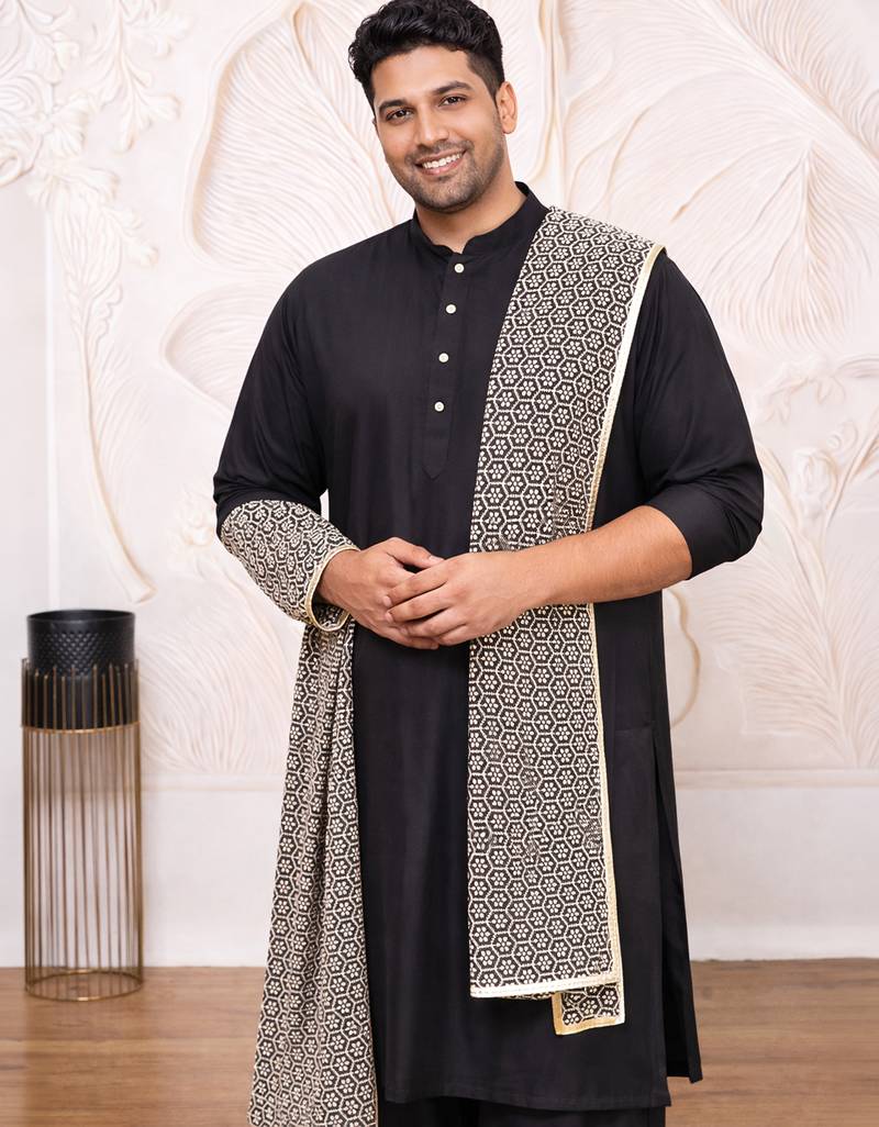 Men black rayon embroidered sequin dupatta