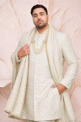 Men cream silk blend jacquard dupatta with lace border