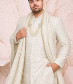 Men cream silk blend jacquard dupatta with lace border