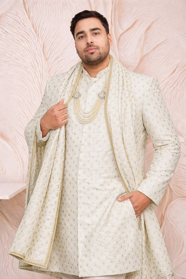 Men cream silk blend jacquard dupatta with lace border