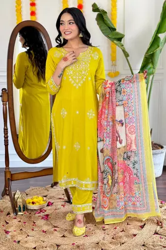 Trading yellow festival kurati pent with dupatta set