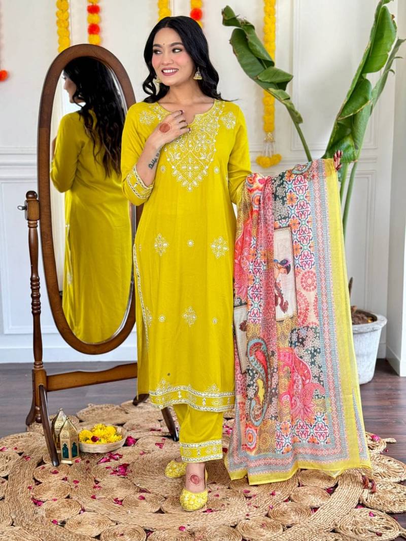 Trading yellow festival kurati pent with dupatta set