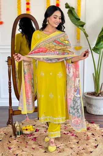 Trading yellow festival kurati pent with dupatta set