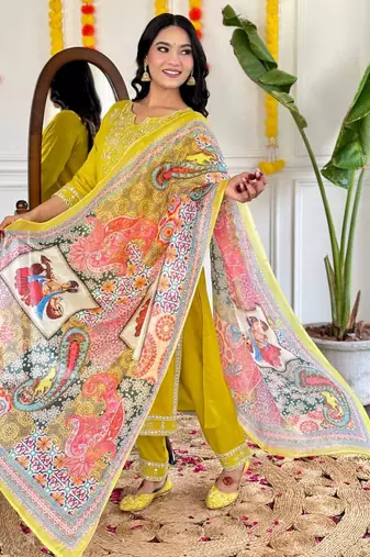 Trading yellow festival kurati pent with dupatta set