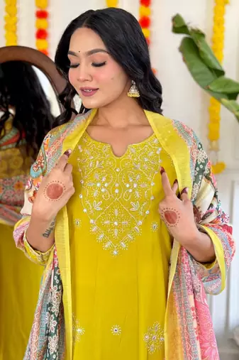 Trading yellow festival kurati pent with dupatta set