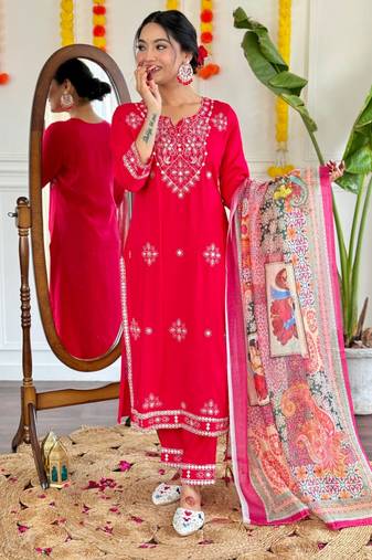 Trading red festival kurati pent with dupatta set