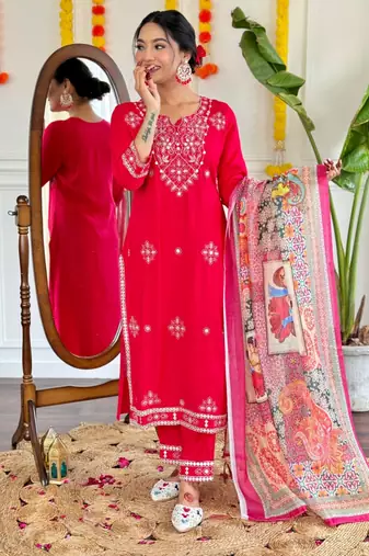 Trading red festival kurati pent with dupatta set
