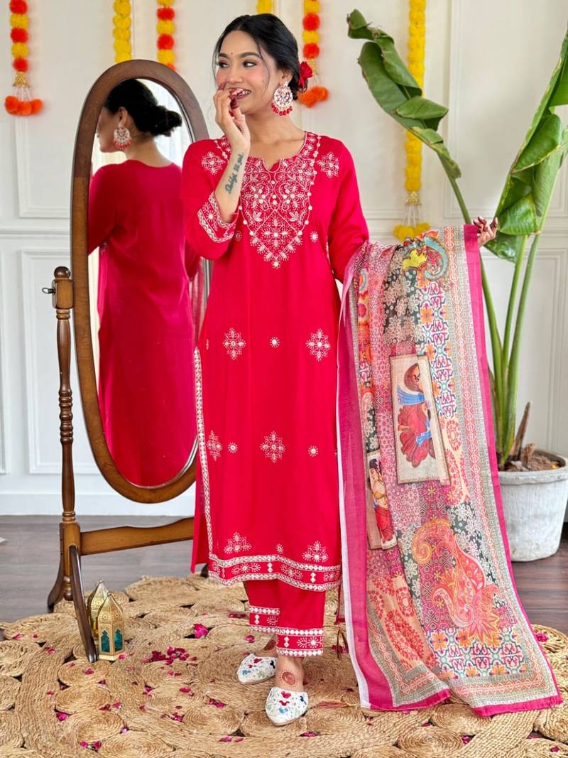 Trading red festival kurati pent with dupatta set