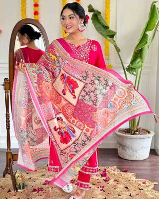 Trading red festival kurati pent with dupatta set 2