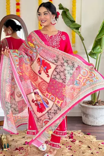 Trading red festival kurati pent with dupatta set