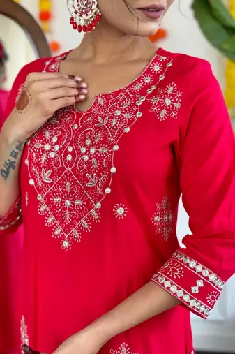 Trading red festival kurati pent with dupatta set