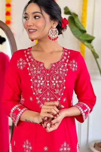 Trading red festival kurati pent with dupatta set