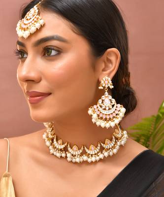 Gold plated kundan pink stones necklace set 1