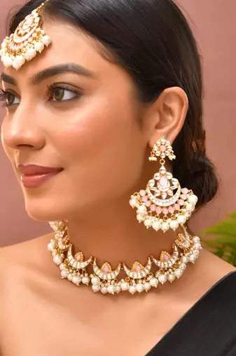 Gold plated kundan pink stones necklace set