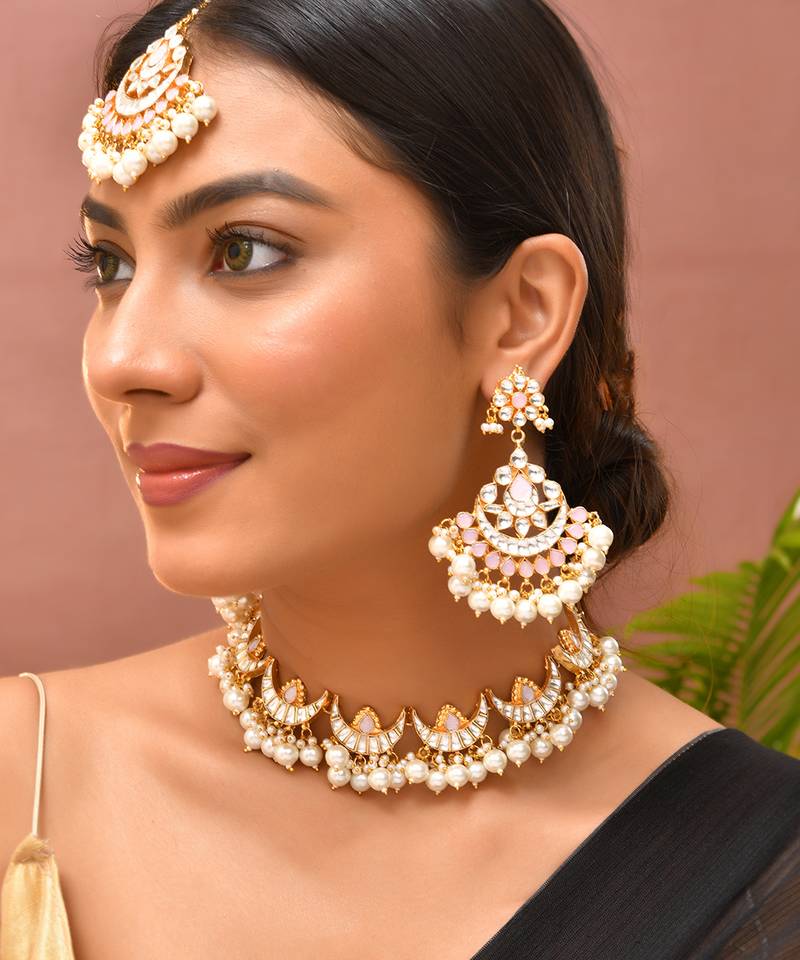 Gold plated kundan pink stones necklace set