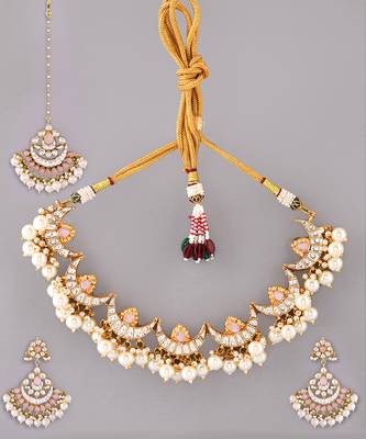 Gold plated kundan pink stones necklace set 2