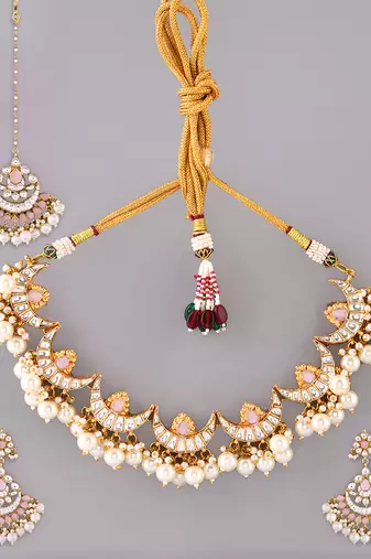 Gold plated kundan pink stones necklace set