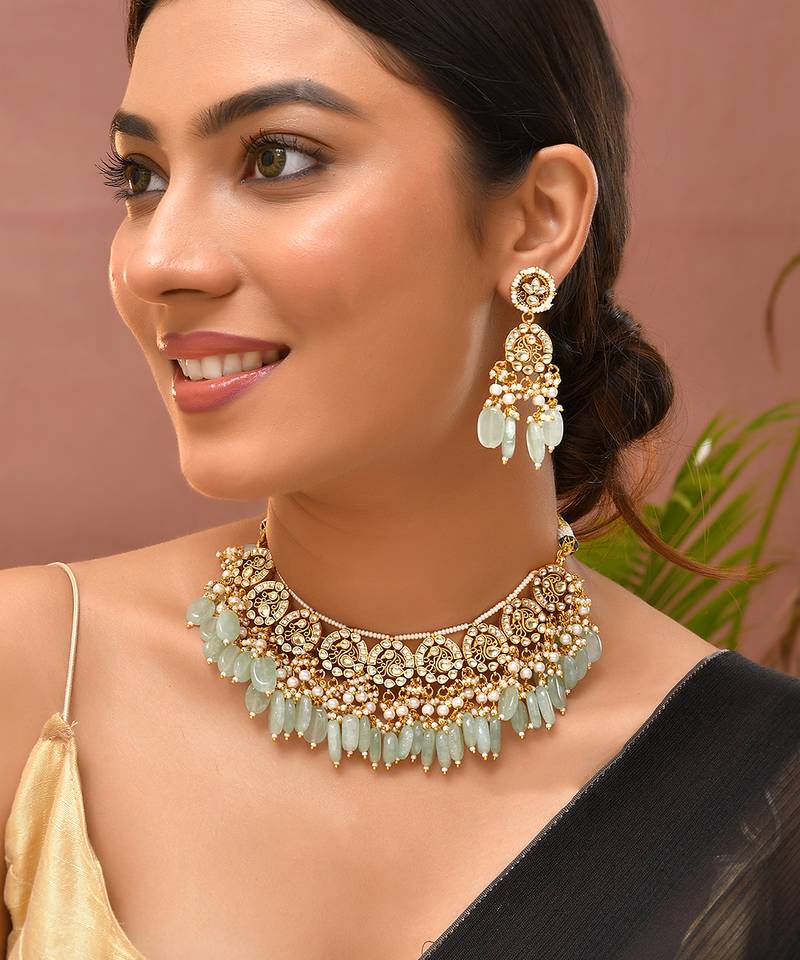 Gold plated kundan green stones necklace set
