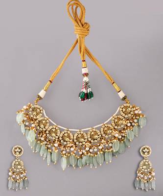 Gold plated kundan green stones necklace set 2