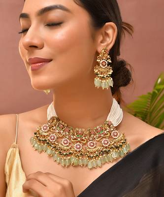 Gold plated kundan green stones necklace set 1