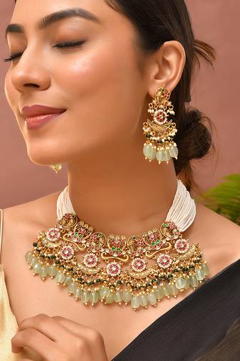 Gold plated kundan green stones necklace set