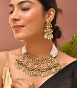 Gold plated kundan green stones necklace set
