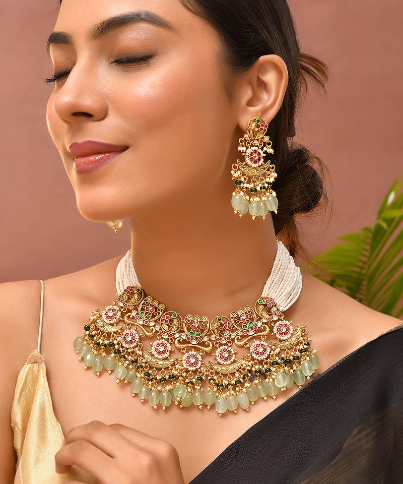 Gold plated kundan green stones necklace set