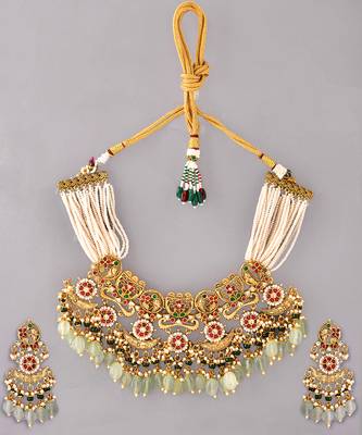 Gold plated kundan green stones necklace set 2