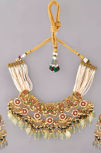 Gold plated kundan green stones necklace set