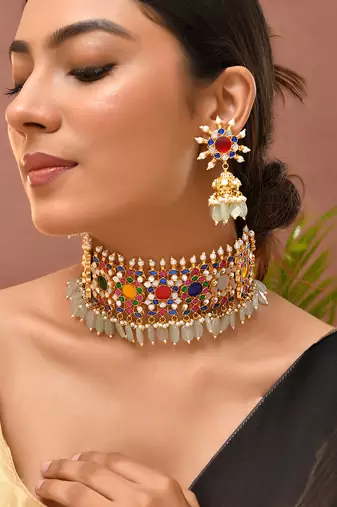 Gold plated kundan multicolor stones choker set