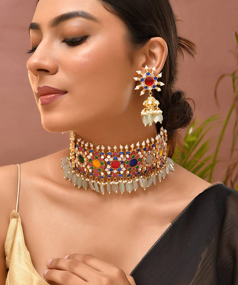 Gold plated kundan multicolor stones choker set