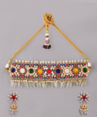 Gold plated kundan multicolor stones choker set 2