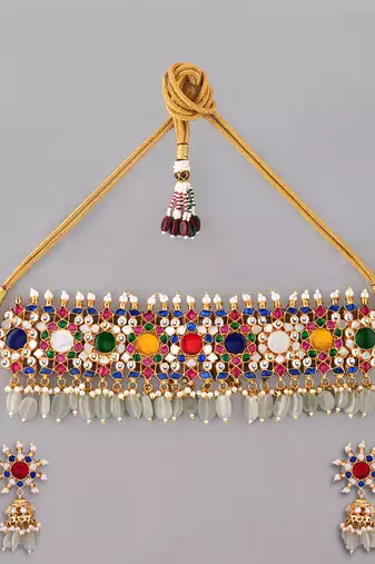 Gold plated kundan multicolor stones choker set