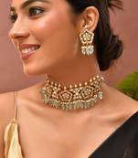 Gold plated kundan green stones choker set