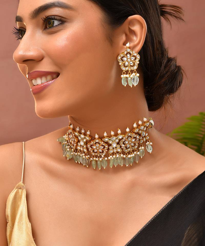 Gold plated kundan green stones choker set
