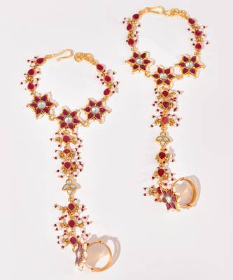 Gold plated kundan red stones hathphool 2