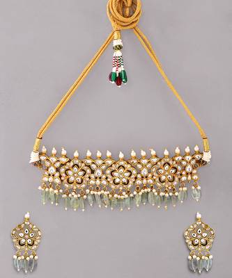 Gold plated kundan green stones choker set 2