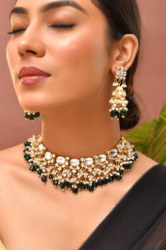 Gold plated kundan green stones necklace set