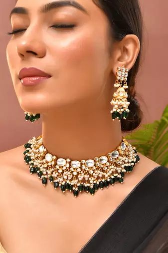 Gold plated kundan green stones necklace set