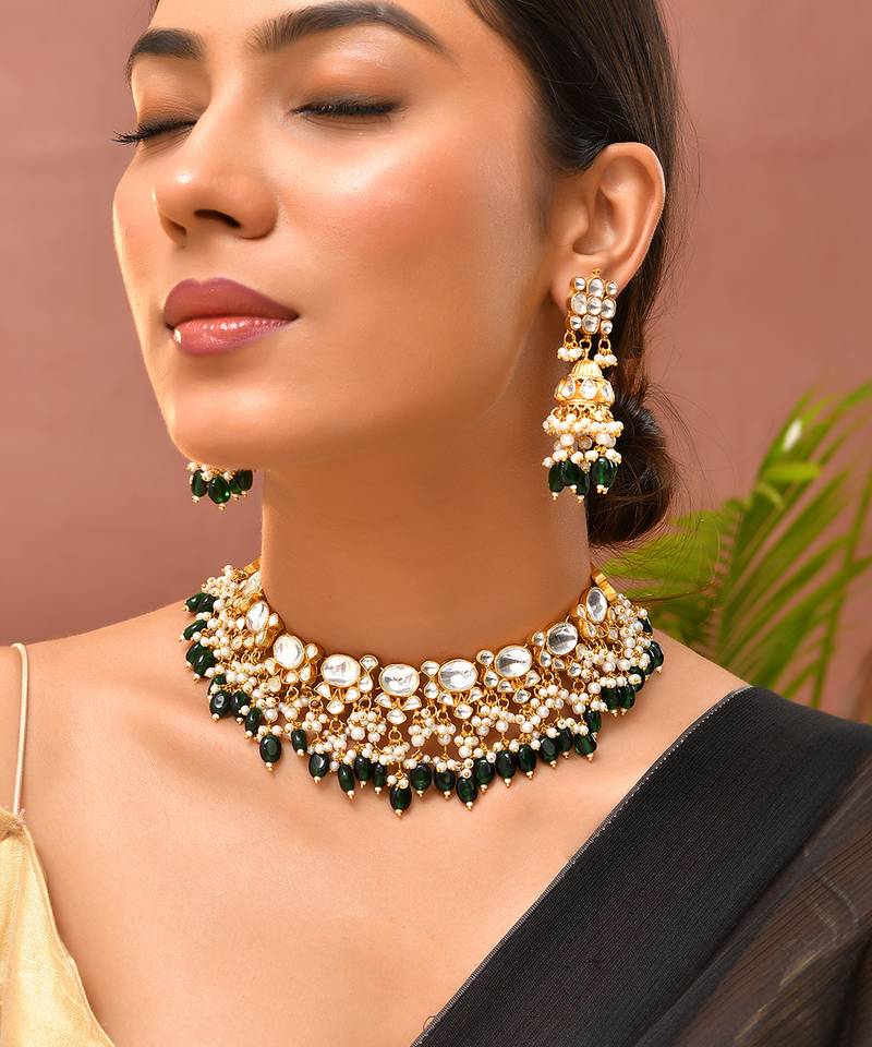 Gold plated kundan green stones necklace set