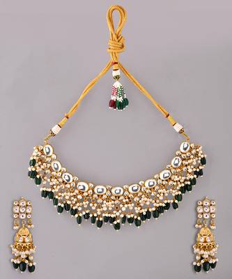 Gold plated kundan green stones necklace set 2