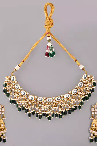 Gold plated kundan green stones necklace set