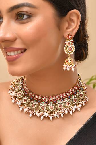 Gold plated kundan multicolor stones necklace set
