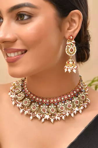 Gold plated kundan multicolor stones necklace set