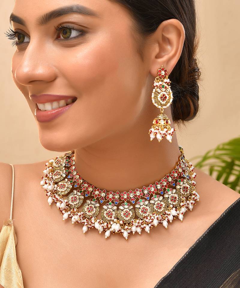 Gold plated kundan multicolor stones necklace set