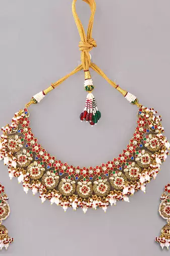 Gold plated kundan multicolor stones necklace set