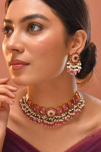Gold plated kundan red stones necklace set
