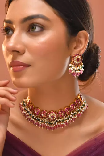 Gold plated kundan red stones necklace set